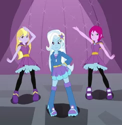 Size: 1010x1036 | Tagged: safe, artist:studiodraw, derpibooru import, fuchsia blush, lavender lace, trixie, equestria girls, rainbow rocks, boots, clothes, hand on hip, high heel boots, hoodie, image, jpeg, pants, shirt, shoes, skirt, trixie and the illusions