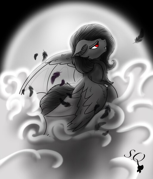 Size: 3077x3601 | Tagged: safe, artist:snow quill, derpibooru import, fluttershy, bat pony, pony, bat ponified, cloud, feather, floppy ears, flutterbat, flying, grayscale, image, jpeg, monochrome, moon, night, partial color, race swap, red eyes, solo