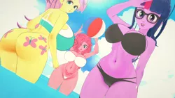 Size: 1600x900 | Tagged: suggestive, artist:atimkos, derpibooru import, fluttershy, pinkie pie, sci-twi, twilight sparkle, equestria girls, 3d, ass, ball, belly button, big breasts, bikini, breasts, busty fluttershy, busty pinkie pie, busty twilight sparkle, butt, cleavage, clothes, cutie mark, cutie mark on equestria girl, female, females only, flutterbutt, huge breasts, image, koikatsu, large butt, looking at you, looking back, looking back at you, png, swimsuit, tattoo, thong swimsuit, trio, trio female, womb tattoo