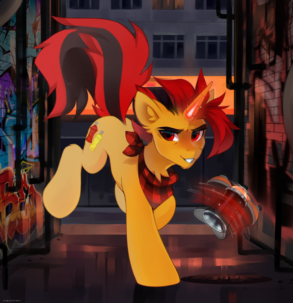 Size: 2900x3000 | Tagged: safe, artist:zlatavector, derpibooru import, oc, oc:selest light, unofficial characters only, pony, unicorn, city, commission, graffiti, handkerchief, high res, image, male, png, smiling, solo, spray can, stallion, street