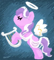 Size: 369x406 | Tagged: safe, artist:cadetredshirt, derpibooru import, diamond tiara, earth pony, pony, angel, angelic wings, digital painting, eyes closed, halo, harp, image, minimalist, missing accessory, modern art, musical instrument, png, simple, simple background, simple shading, solo, wings