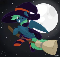 Size: 1280x1208 | Tagged: safe, artist:cadetredshirt, derpibooru import, oc, oc:emerald, unofficial characters only, pegasus, pony, broom, clothes, commission, costume, digital art, flying, flying broomstick, halloween, halloween costume, hat, holiday, image, jpeg, moon, night, one eye closed, shading, socks, solo, wink, witch, witch costume, witch hat, ych result, your character here