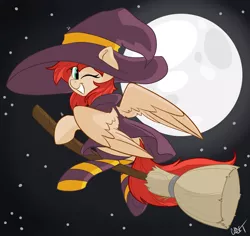 Size: 1280x1208 | Tagged: safe, artist:cadetredshirt, derpibooru import, oc, oc:firefly, unofficial characters only, pegasus, pony, broom, clothes, commission, digital art, female, flying, flying broomstick, halloween, hat, holiday, image, jpeg, moon, night, one eye closed, socks, solo, wink, witch, witch costume, witch hat, ych result