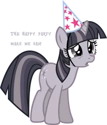 Size: 3080x3581 | Tagged: safe, artist:porygon2z, artist:wardex101, derpibooru import, twilight sparkle, pony, unicorn, party of one, discorded, discorded twilight, female, hat, high res, image, mare, party hat, png, sad, simple background, solo, sorrow, text, transparent background, twilight tragedy, unicorn twilight, vector