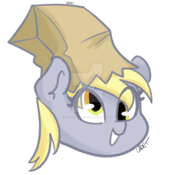 Size: 800x800 | Tagged: safe, artist:cadetredshirt, derpibooru import, derpy hooves, pegasus, pony, bag, bag on head, chibi, clothes, commission, costume, derp, eye clipping through hair, image, nightmare night, nightmare night costume, png, shading, simple background, smiling, solo, transparent background, watermark