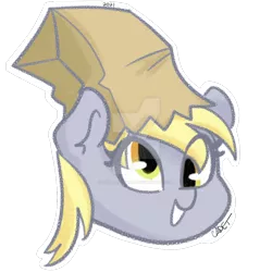 Size: 800x800 | Tagged: safe, artist:cadetredshirt, derpibooru import, derpy hooves, pegasus, pony, bag, bag on head, chibi, clothes, commission, costume, derp, eye clipping through hair, image, nightmare night, nightmare night costume, png, shading, simple background, smiling, solo, transparent background, watermark
