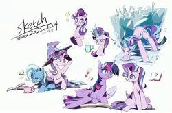 Size: 4096x2699 | Tagged: safe, artist:fan_silversol, derpibooru import, starlight glimmer, trixie, twilight sparkle, alicorn, pony, unicorn, all in one, book, image, jpeg, sketch, white pupils