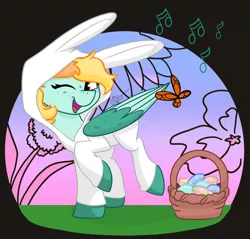 Size: 1280x1225 | Tagged: safe, artist:cadetredshirt, derpibooru import, oc, unofficial characters only, butterfly, insect, pegasus, pony, animal costume, basket, bunny costume, bunny ears, clothes, colored wings, commission, costume, digital art, easter, easter basket, easter egg, freckles, green coat, holiday, image, jpeg, looking at you, one eye closed, simple background, singing, solo, two toned mane, two toned wings, unshorn fetlocks, wings, wink, ych result, yellow eyes, yellow hair, your character here