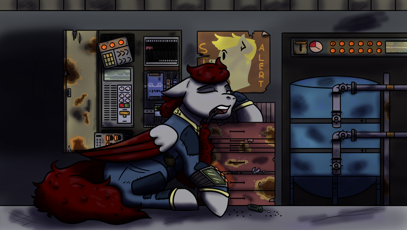 Size: 2303x1300 | Tagged: safe, artist:hiddenfaithy, derpibooru import, oc, oc:skyfire, pegasus, pony, fallout equestria, clothes, colored wings, colored wingtips, commission, fallout equestria: uncertain ties, image, jumpsuit, png, repairing, sleeping, toolbox, tools, vault suit, wings