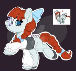 Size: 600x561 | Tagged: safe, artist:cadetredshirt, derpibooru import, oc, oc:jade gleam, unofficial characters only, earth pony, pony, base used, bow, braid, braided pigtails, braided tail, clothes, deviantart watermark, glasses, glow up, hair bow, image, jpeg, looking at you, obtrusive watermark, redesign, shirt, shoes, solo, tail, tail bow, upgrade, vest, watermark