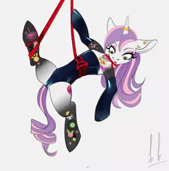 Size: 2270x2304 | Tagged: suggestive, alternate version, artist:verashelenberg, derpibooru import, sweetie belle, pony, unicorn, alternate hairstyle, bondage, clothes, commission, corset, ear piercing, earring, eyeshadow, female, femsub, gloves, horn, horn ring, image, jewelry, latex, latex gloves, makeup, mare, older, older sweetie belle, piercing, png, ring, rope, rope bondage, simple background, solo, solo female, submissive, suspended, suspension bondage, tattoo, white background, ych result