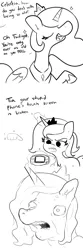 Size: 3000x9000 | Tagged: safe, artist:tjpones, derpibooru import, princess celestia, princess luna, alicorn, pony, absurd resolution, black and white, comic, dialogue, duo, eyes closed, female, gameboy advance, grayscale, hand, image, implied twilight sparkle, levitation, lineart, magic, magic hands, mare, monochrome, offscreen character, old, png, s1 luna, siblings, simple background, sisters, telekinesis, white background, wingless