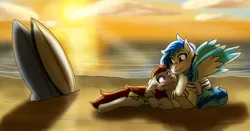 Size: 3378x1775 | Tagged: safe, artist:hiddenfaithy, derpibooru import, oc, oc:aurora, oc:skyfire, pegasus, pony, were-pony, alternate universe, beach, blushing, commission, image, old art is old, png, snuggling, sunset, surfboard