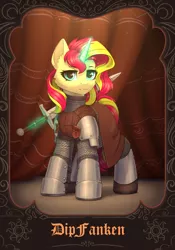 Size: 1668x2388 | Tagged: safe, artist:dipfanken, derpibooru import, sunset shimmer, pony, armor, image, jpeg, solo, sword, weapon