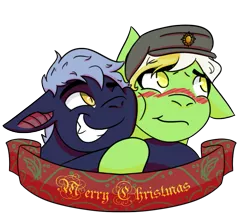 Size: 921x795 | Tagged: safe, artist:hiddenfaithy, derpibooru import, oc, oc:pesian, oc:raven, bat pony, pony, blushing, changling, christmas, commission, happy hearth's warming, hat, holiday, hug, image, merry christmas, old art is old, png