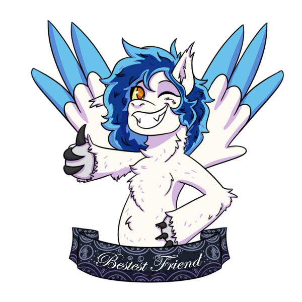 Size: 1000x1000 | Tagged: safe, artist:hiddenfaithy, derpibooru import, oc, oc:aurora, hybrid, pegasus, pony, wolf, wolf pony, banner, claws, colored wings, colored wingtips, commission, image, old art is old, one eye closed, png, simple background, smiling, smirk, spread wings, transparent background, vault boy pose, wings, wink