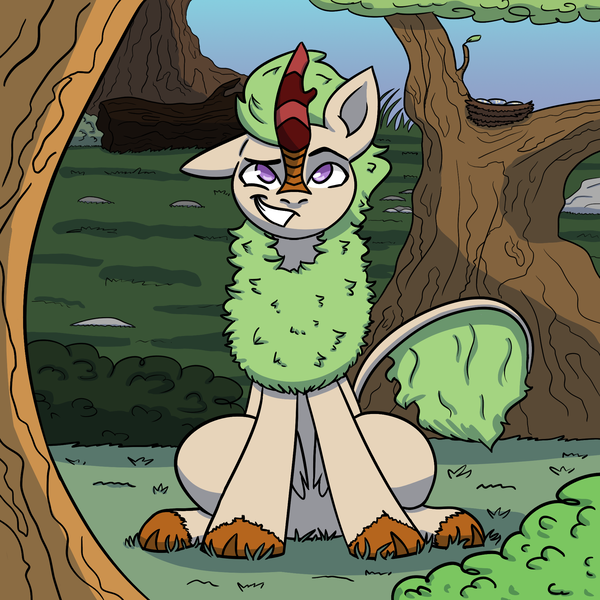 Size: 2000x2000 | Tagged: safe, artist:hiddenfaithy, derpibooru import, oc, kirin, bird nest, commission, forest, image, nest, png, sitting, smiling, tree