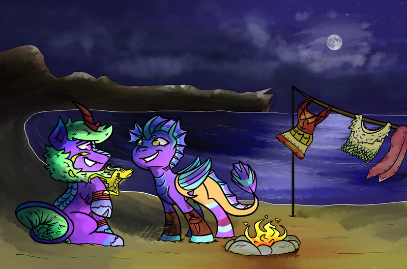 Size: 2000x1323 | Tagged: safe, artist:hiddenfaithy, derpibooru import, oc, oc:eos, oc:shimmermist, dragon, kelpie, kirin, beach, campfire, clothes, clothes line, commission, image, moon, png, pseudodragon