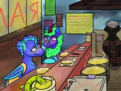 Size: 2000x1500 | Tagged: safe, artist:hiddenfaithy, derpibooru import, oc, oc:eos, oc:shimmermist, dragon, gryphon, kelpie, kirin, blushing, bowl, commission, cooking, date, eating, food, hairnet, hoof hold, image, noodles, png, pseudodragon, ramen, ramen shop, sink