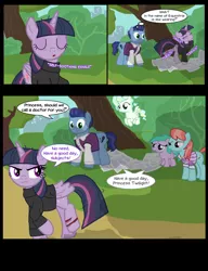 Size: 1044x1358 | Tagged: safe, artist:dendoctor, derpibooru import, aura (character), mean twilight sparkle, strawberry ice, twilight sparkle, twilight sparkle (alicorn), vapor trail, alicorn, earth pony, pegasus, pony, comic:clone.., blood, clone, clothes, comic, female, filly, foal, image, injured, jpeg, newspaper, tree, younger