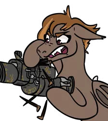 Size: 653x730 | Tagged: safe, artist:hiddenfaithy, derpibooru import, oc, oc:umber, unofficial characters only, bat pony, pony, fallout equestria, colored, flat colors, gun, image, png, railway rifle, reloading, silly, simple background, solo, transparent background, weapon
