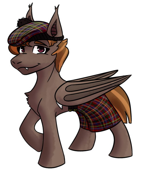 Size: 1174x1361 | Tagged: safe, artist:hiddenfaithy, derpibooru import, oc, oc:umber, unofficial characters only, bat pony, pony, clothes, commission, hat, image, kilt, png, scottish, simple background, solo, transparent background