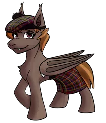 Size: 1174x1361 | Tagged: safe, artist:hiddenfaithy, derpibooru import, oc, oc:umber, unofficial characters only, bat pony, pony, clothes, commission, hat, image, kilt, png, scottish, simple background, solo, transparent background