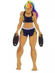 Size: 6000x8000 | Tagged: safe, artist:chedx, derpibooru import, rainbow dash, equestria girls, abs, absurd resolution, athletic, clothes, feet, female, fitness, frown, gym uniform, human coloration, image, looking down, muscles, png, ponytail, practice, practice drawing, rainbuff dash, simple background, solo, sports bra, thighs, thunder thighs, training, underwear, white background, workout, workout outfit