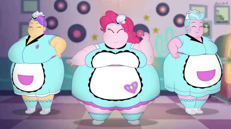 Size: 2560x1440 | Tagged: suggestive, artist:neongothic, derpibooru import, pinkie pie, sunny sugarsocks, tip top, equestria girls, bbw, big breasts, bingo wings, breasts, busty pinkie pie, busty sunny sugarsocks, busty tip top, chubby cheeks, cleavage, clothes, double chin, eyes closed, fat, fat boobs, fat fetish, female, fetish, happy, hat, image, morbidly obese, obese, piggy pie, png, pudgy pie, server pinkie pie, smiling, ssbbw, thighs, thunder thighs, trio, trio female, uniform, weight gain