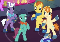 Size: 597x421 | Tagged: safe, derpibooru import, screencap, autumn leaf, berry punch, berryshine, dizzy twister, minuette, orange swirl, sea swirl, seafoam, silver script, earth pony, pegasus, pony, unicorn, a hearth's warming tail, season 6, bipedal, boots, clothes, cropped, female, grin, image, male, mare, offscreen character, offscreen female, png, scarf, shoes, smiling, spread wings, stallion, tankard, wings