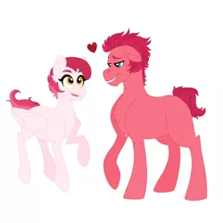 Size: 1280x1280 | Tagged: safe, artist:patchworkpupper, derpibooru import, oc, oc:carmine luster, oc:rome red apple, unofficial characters only, earth pony, pegasus, pony, duo, female, heart, image, jpeg, male, mare, offspring, parent:big macintosh, parent:cheerilee, parent:twilight sparkle, parent:unknown, parents:cheerimac, simple background, stallion, white background