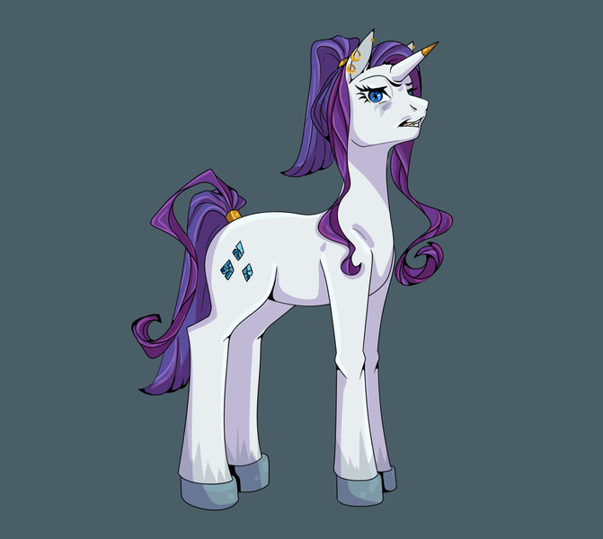 Size: 1900x1700 | Tagged: safe, derpibooru import, rarity, pony, unicorn, alternate hairstyle, blue eyes, cutie mark, disgusted, ear piercing, earring, gold tooth, hooves, horn, horn cap, image, jewelry, looking at you, piercing, png, ponytail, ring, simple background, solo, standing, tail, tail ring