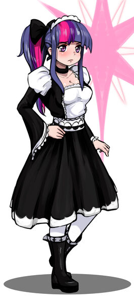 Size: 1280x2898 | Tagged: safe, artist:alcor, derpibooru import, twilight sparkle, human, breasts, cleavage, clothes, eyebrows, eyebrows visible through hair, female, frown, hand on hip, humanized, image, jpeg, maid, maidlight sparkle, simple background, solo, white background