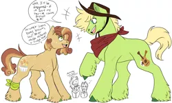 Size: 5000x3000 | Tagged: safe, artist:gingygin, derpibooru import, babs seed, pistachio, oc, oc:pretzel bite, oc:southern soul, earth pony, pony, absurd resolution, babstachio, body freckles, cowboy hat, dialogue, duo focus, female, freckles, hat, height difference, image, male, mare, neckerchief, offspring, older, older babs seed, open mouth, open smile, parent:apple bloom, parent:babs seed, parent:pipsqueak, parent:pistachio, parents:babstachio, parents:pipbloom, png, shipping, simple background, smiling, speech bubble, stallion, unshorn fetlocks, white background