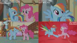 Size: 1280x720 | Tagged: safe, derpibooru import, edit, edited screencap, editor:quoterific, screencap, pinkie pie, rainbow dash, earth pony, pegasus, pony, griffon the brush off, season 1, ^^, cute, dashabetes, duo, duo female, eyes closed, female, grin, image, looking at each other, looking at someone, mare, open mouth, open smile, png, raised hoof, smiling, smiling at each other, spread wings, sugarcube corner, text, wings
