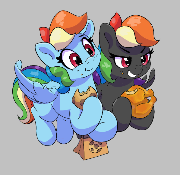 Size: 597x580 | Tagged: safe, artist:pabbley, derpibooru import, rainbow dash, oc, oc:dark rainbow dash, pegasus, pony, aggie.io, bag, chicken meat, chocolate chip cookies, cookie, cute, dashabetes, duo, eating, female, flying, food, gray background, grin, hoof hold, image, mare, meat, missing cutie mark, png, ponies eating meat, roasted, simple background, smiling