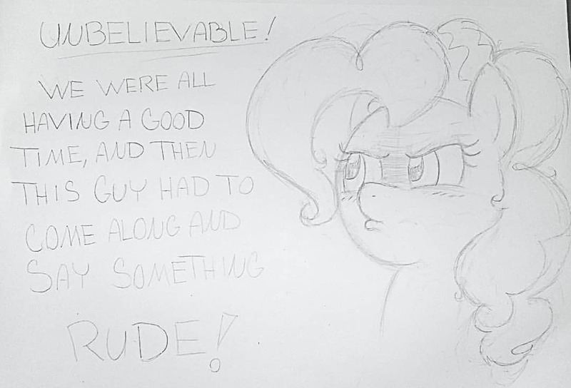 Size: 1080x734 | Tagged: safe, artist:gingerthefox, derpibooru import, pinkie pie, earth pony, pony, bust, disapproval, frown, image, jpeg, monochrome, pencil drawing, reaction image, rude, sketch, solo, traditional art