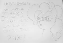 Size: 1080x734 | Tagged: safe, artist:gingerthefox, derpibooru import, pinkie pie, earth pony, pony, bust, disapproval, frown, image, jpeg, monochrome, pencil drawing, reaction image, rude, sketch, solo, traditional art