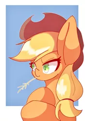 Size: 1176x1684 | Tagged: safe, artist:sc_kis_rko, derpibooru import, applejack, earth pony, pony, applejack's hat, bust, cowboy hat, female, hat, hay stalk, image, jpeg, mare, mouth hold, simple background, solo, white background