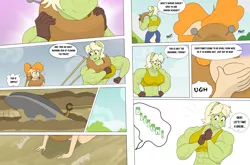Size: 3931x2599 | Tagged: safe, artist:matchstickman, derpibooru import, granny smith, pear butter, anthro, earth pony, pony, comic:the other side, abs, back muscles, biceps, breasts, busty granny smith, clothes, comic, deltoids, dialogue, duo, farm, female, granny smash, image, mare, muscles, muscular female, pecs, png, speech bubble, teenager, vomit, vomiting, yoke, young granny smith, younger