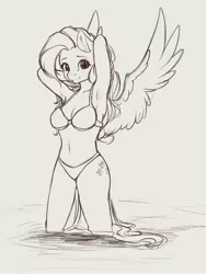 Size: 2490x3306 | Tagged: suggestive, artist:miokomata, derpibooru import, fluttershy, anthro, pegasus, arm behind head, armpits, belly button, bikini, breasts, busty fluttershy, cleavage, clothes, cute, female, freckles, freckleshy, gray background, grayscale, image, jpeg, looking at you, monochrome, shyabetes, simple background, smiling, smiling at you, solo, solo female, spread wings, swimsuit, wings