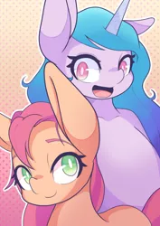 Size: 1191x1684 | Tagged: safe, artist:sc_kis_rko, derpibooru import, izzy moonbow, sunny starscout, earth pony, pony, unicorn, duo, duo female, female, g5, horn, image, jpeg, mare, open mouth, open smile, smiling