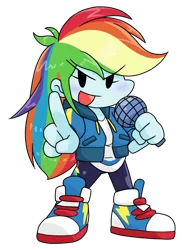 Size: 634x870 | Tagged: safe, alternate version, artist:batipin, derpibooru import, rainbow dash, equestria girls, chibi, clothes, friday night funkin', image, microphone, open mouth, png, shoes, simple background, transparent background