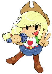 Size: 631x898 | Tagged: safe, alternate version, artist:batipin, derpibooru import, applejack, equestria girls, chibi, clothes, friday night funkin', image, microphone, open mouth, peace sign, png, shoes, simple background, transparent background