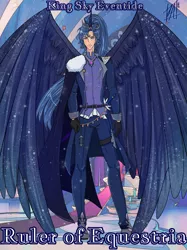 Size: 1280x1708 | Tagged: safe, artist:ladyadalicia, derpibooru import, oc, unofficial characters only, alicorn, human, alicorn humanization, alicorn oc, clothes, horn, horned humanization, humanized, image, jpeg, male, pants, solo, starry wings, story included, winged humanization, wings