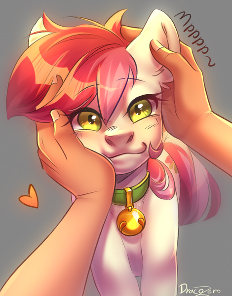 Size: 1800x2300 | Tagged: safe, artist:draco zero, derpibooru import, roseluck, human, pony, behaving like a cat, bell, bell collar, collar, commission, commissioner:doom9454, cute, cyrillic, image, petting, png, pony pet, purring, rosepet, russian, translated in the description