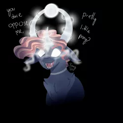 Size: 2000x2000 | Tagged: safe, artist:xaneyraccoon, derpibooru import, oc, unofficial characters only, pony, black background, bust, chest fluff, glow, glowing eyes, glowing horn, horn, image, jpeg, sharp teeth, simple background, solo, sombra eyes, talking, teeth