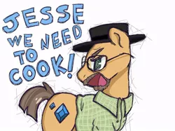 Size: 810x607 | Tagged: safe, artist:pix3lcats, derpibooru import, ponified, earth pony, pony, beard, breaking bad, clothes, crossover, drugs, facial hair, glasses, hat, heisenberg, image, jpeg, male, meme, meth, stallion, text, walter white