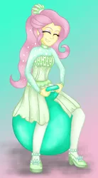 Size: 1280x2319 | Tagged: safe, artist:deannaphantom13, derpibooru import, fluttershy, equestria girls, equestria girls series, so much more to me, ball, bouncing, bouncy ball, clothes, dress, eyes closed, funny, image, jpeg, smiling, space hopper