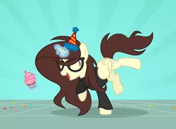 Size: 3059x2251 | Tagged: safe, artist:darbypop1, derpibooru import, oc, oc:darby, alicorn, pony, clothes, cupcake, female, food, glasses, hat, image, mare, party hat, png, solo